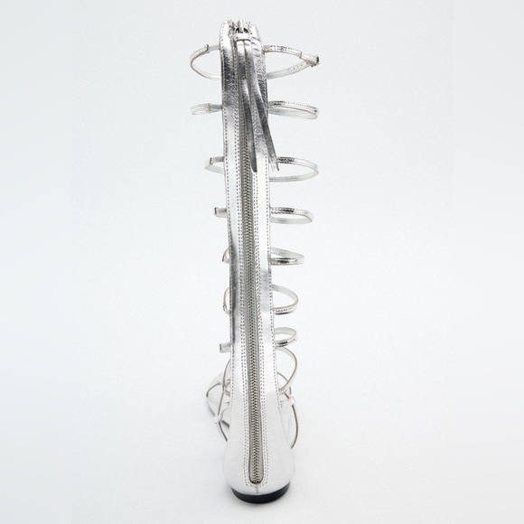 NEW Zara Tall Mid Calf Metallic Silver Gladiator Strappy Sandals 1615/010 - Picture 8 of 12